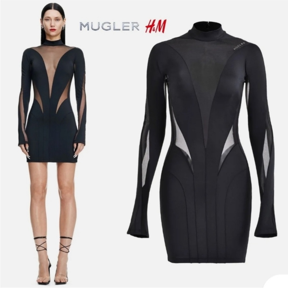 Mugler Black Long Sleeve Mock Neck Bodycon Dress